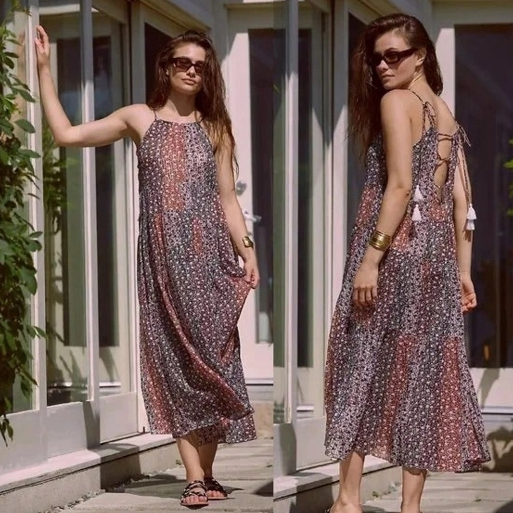 Anthropologie Shirred A-Line Tiered Dress 1x Wine color